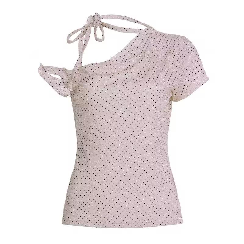 Korean Style Polka Dot Lace-up Off-Shoulder Short Sleeve T-shirt - Women's Trendy Summer Slimming Top