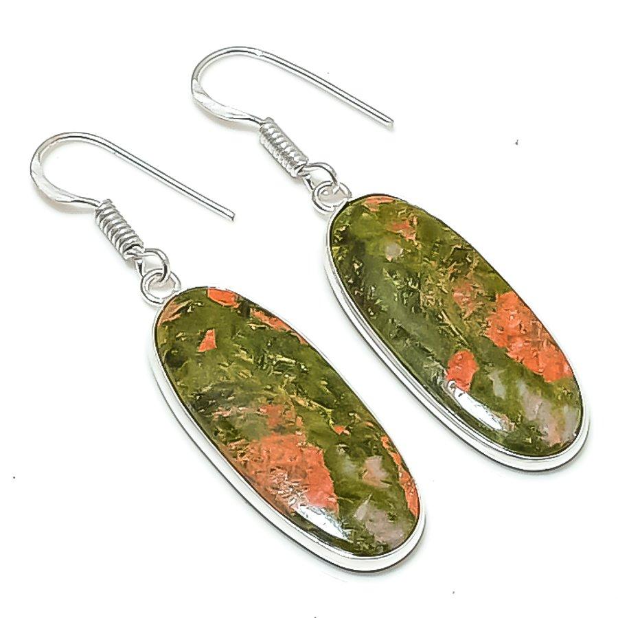 Натуральный камень Унакит Ручная работа Серьги из стерлингового серебра 925 пробы 1,97  AEE-10930