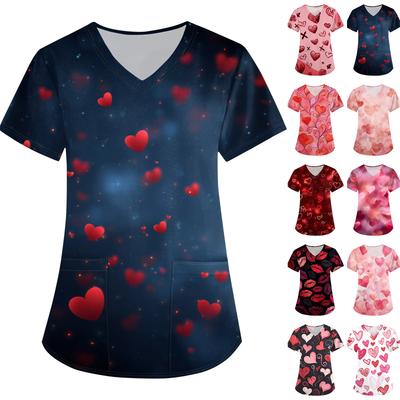 Uniforme/ Uniforme d'aide-soignante pour femme à imprimé Saint-Valentin, ample, col en V, poche, manches courtes