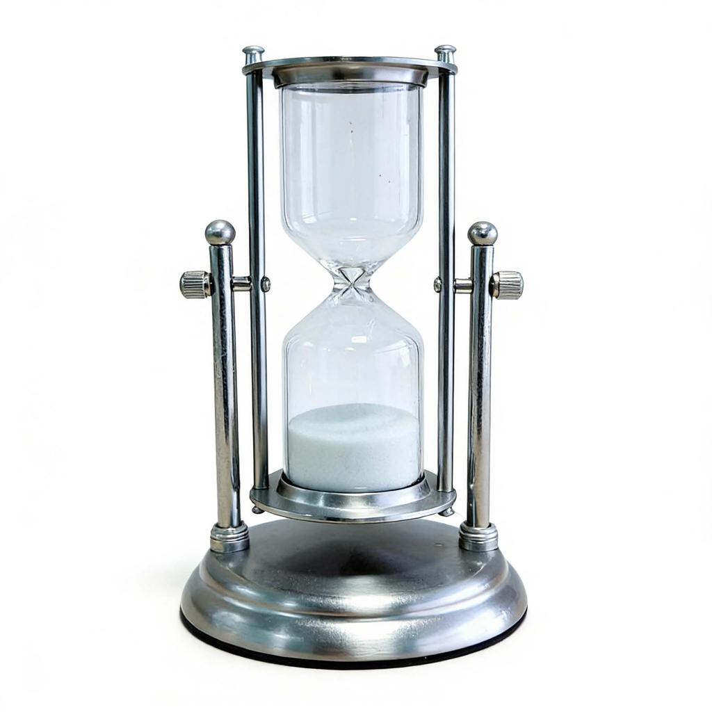 Elegante Sanduhr mit drehbarem Metallständer und fließendem Sand