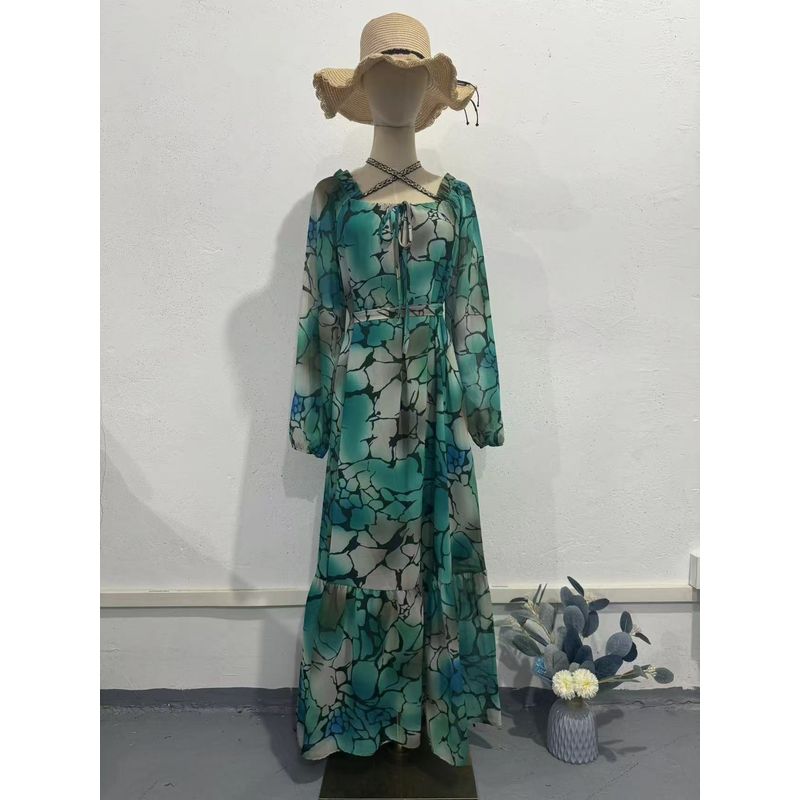 

Fashion New Arrival Print Elegance Silm Square Collar Long Sleeve Dress Printed Square Neck Dress Green M