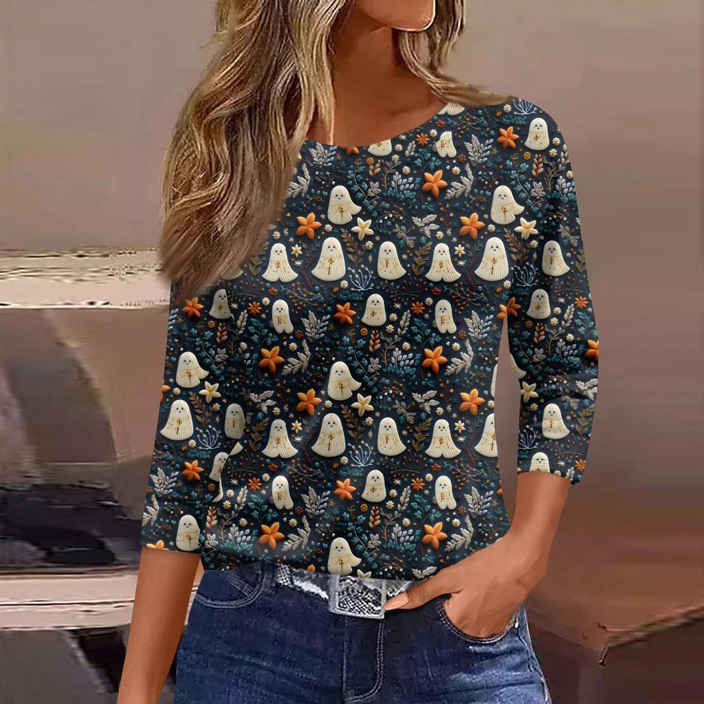 Women's Fashion Casual Three-quarter Sleeve Halloween Printed Round Neck Top