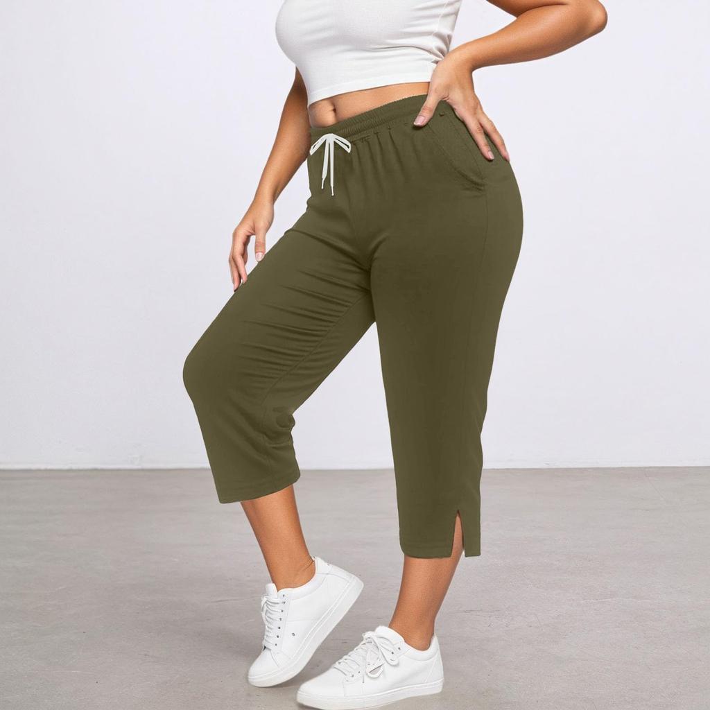 Women's Cropped Pants Casual Drawstring Waist Loose Yoga Sports Pants With Pocket Cuff Slitted Sports Pants