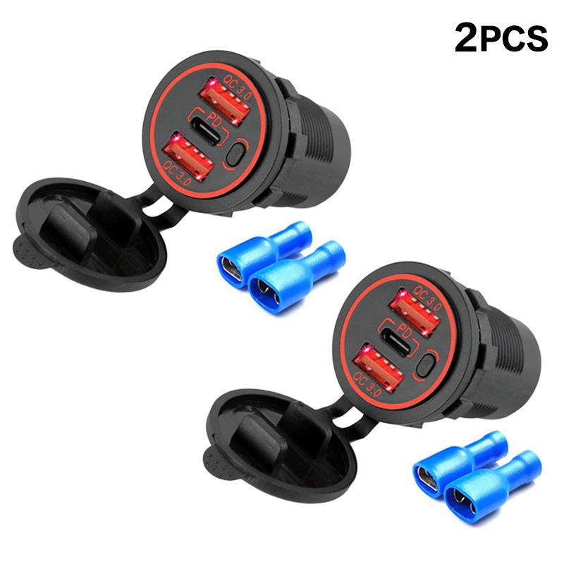 High Power 12V Quad Port USB Charger Socket With Button Switch 96W Dual USB C Outlet Fast Charging For Car RV Marine Vehicles