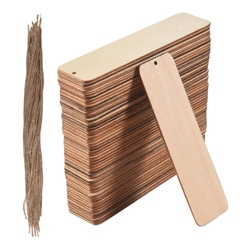 50 PCS Wood Bookmarks Unfinished Wooden Book Marks Hanging Tag with Holes and Ropes DIY Craft Proje