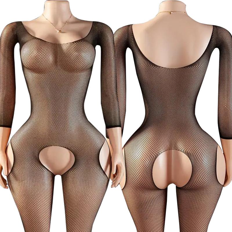 Plus Size Babydolls Clothes Sexy Fishnet Hollow Bodystockings Erotic Crotchless Lingerie Women Mesh See Through Baby Dolls Dress