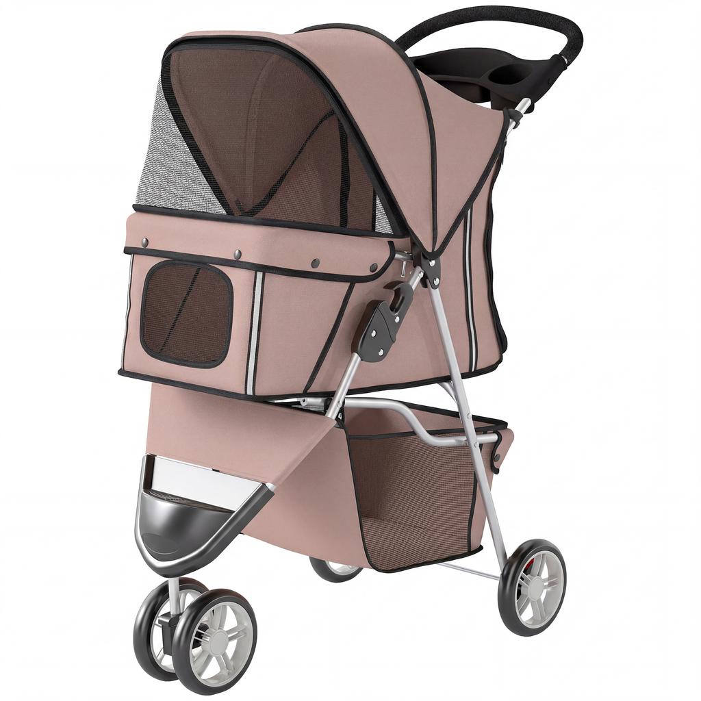 Dog Stroller, 3 Wheels Foldable Pet Stroller with Adjustable Canopy, Storage Basket for Small Mini Breeds, Coffee