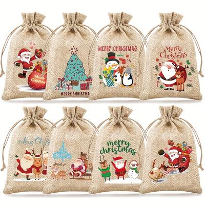 8/24 Stück Geschenktüten mit Kordelzug, Gemischtes Muster Leinen Weihnachtsbeutel für Weihnachten Feiertag Neujahr Party Gastgeschenke Zubehör