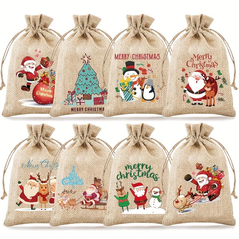 8/24pcs Gift Bags with Drawstrings, Mixed Pattern Linen Christmas Bags for Xmas Holiday New Year Party Favors Supplies