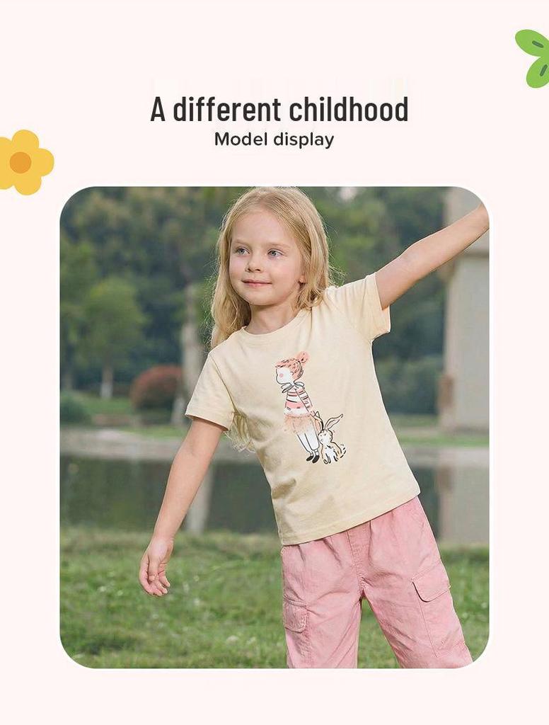 Summer 2026 Girls' Short-Sleeve T-shirt with 3D Rabbit Skirt Print - European and American Fashion