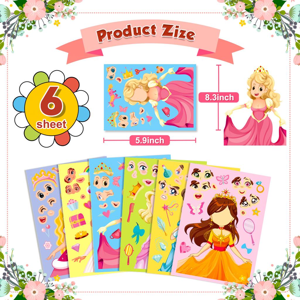6-42Sheets Children DIY Puzzle Sticker Games 6 Princess Mermaid Make A Face Funny Assemble Jigsaw Stickers Kids Educational Toys