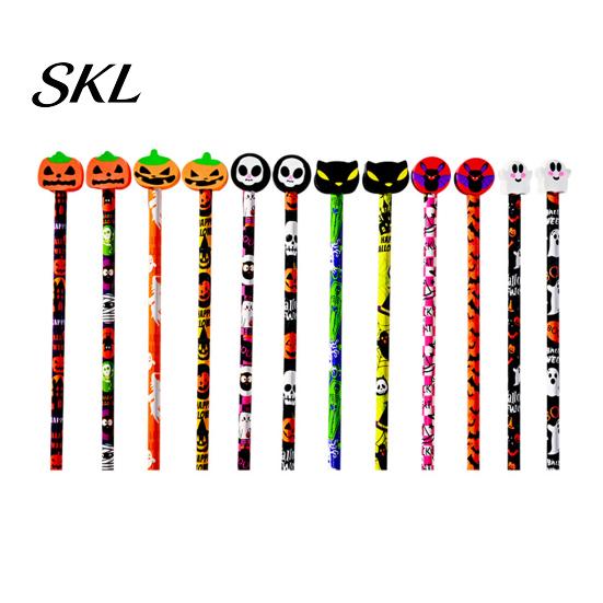 Smooth Writing Pencils 12 Pcs Halloween with 3D Skull Ghost Pumpkin Cat Erasers, Bat Pattern Wood Bulk for Goodie Bags, School Classroom Rewards