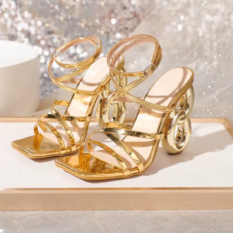 Designer High Heels Luxury Womens Shoes Fashion Golden Narrow Band Square Toe Women's Sandals Ankle Buckle Strap Shoes for Women