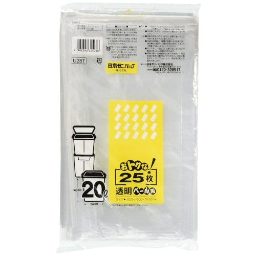 Japan Sanipack Garbage Bags, Transparent Polyethylene Bags, 20L, 25-Count, U28T