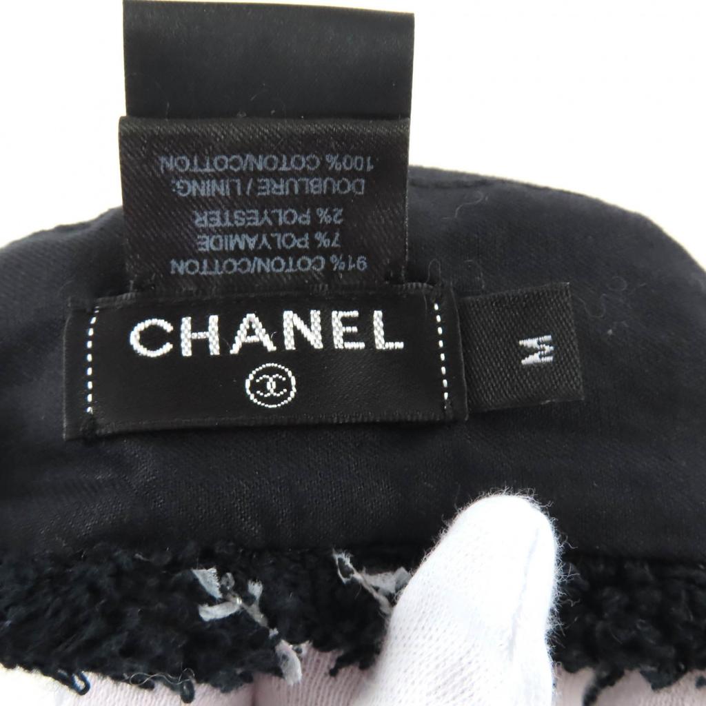 Great CHANEL beret COCO Mark lattice pattern tweed black cotton Women M 19C Used