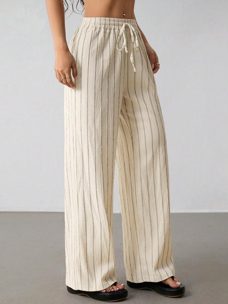 Women Striped Drawstring Waist Wide Leg Pants Loose Fit Casual Trousers