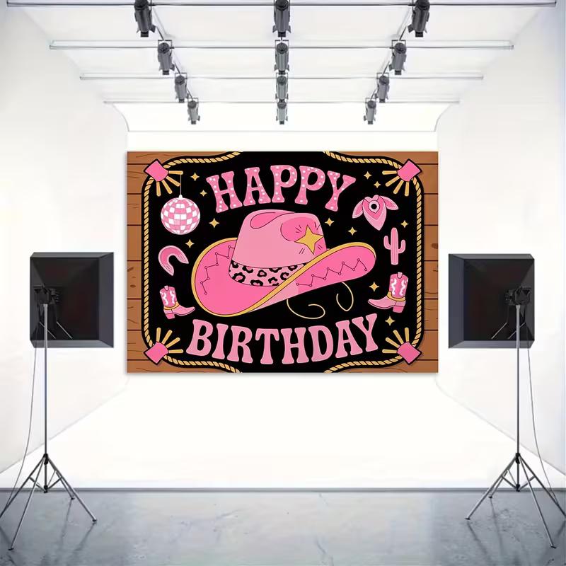 2D Disco Cowgirl Backdrop "Happy Birthday" Western Themed Photo Booth Background