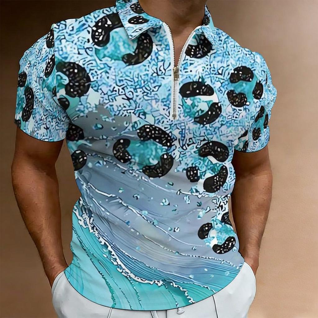 Women Short Sleeve Polo Shirt Black Neon Green Blue Purple Gradient Leopard Spot Half Zip Lapel Top