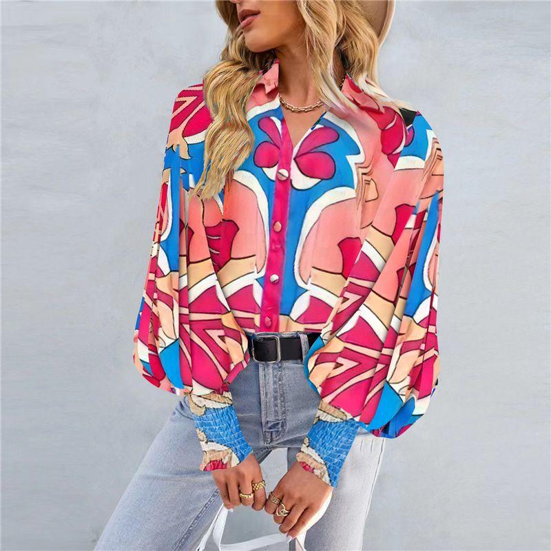 

Spring and Summer New Arrival Fashion Fashion Stripes Print Polo Collar Single-Breasted Lantern Long Sleeve Shirt Top Female Shirt Figure III(Flowers) XL