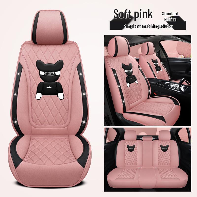 Star Chi Elantra Linen Cartoon Bear Car Seat Cushion - Four Seasons Suitable