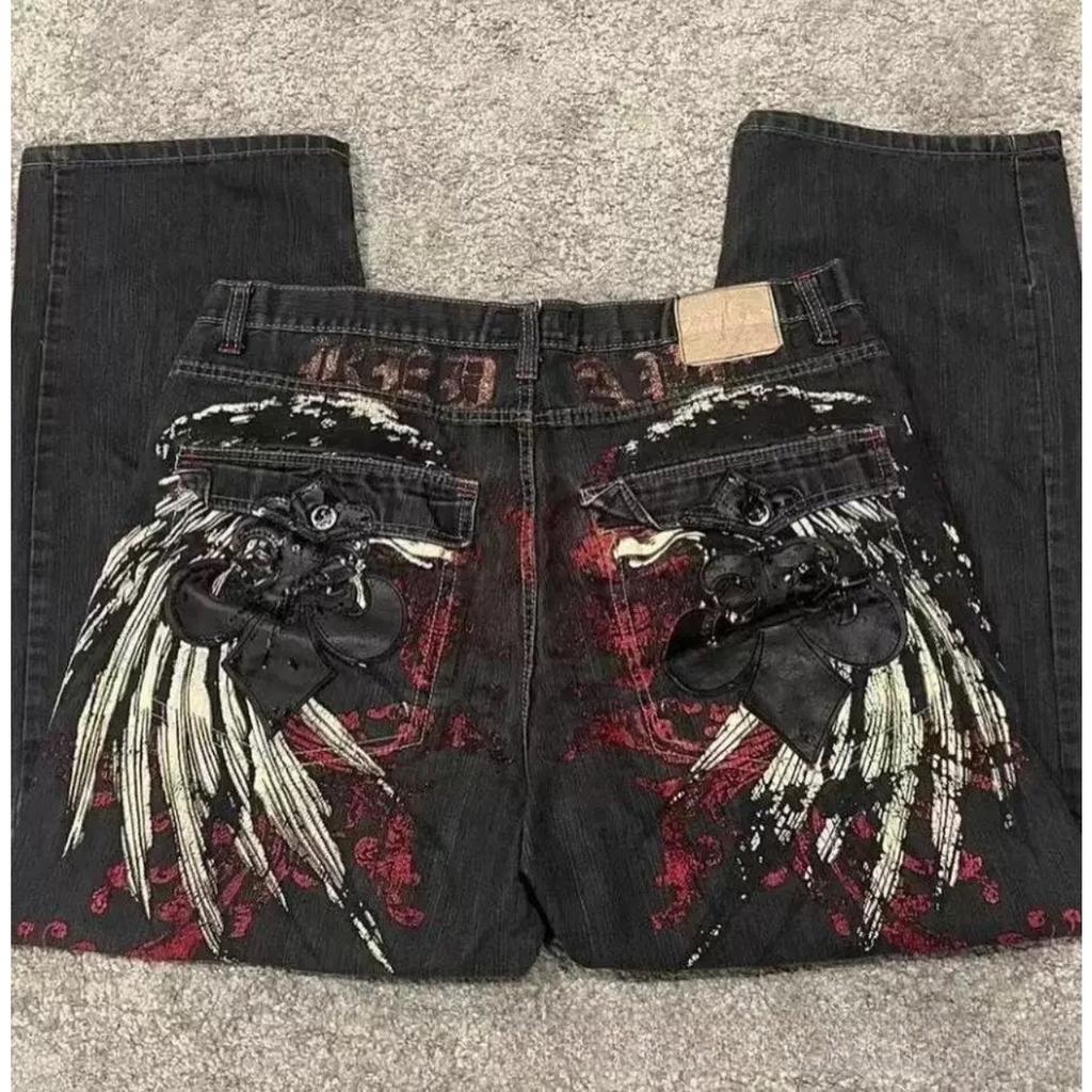 Pantalones vaqueros de pierna ancha estilo gótico estilo retro americano de estilo Y2K con letras bordadas y parches personalizados