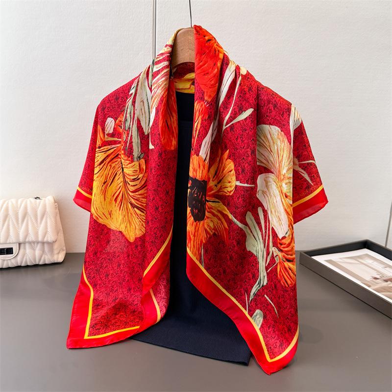National Style Elegant Imitation Silk Printing Large Square Scarf Silk Scarf Shawl Headscarf Beach Scarf Neck Protection Scarf Neck Decoration Scarf