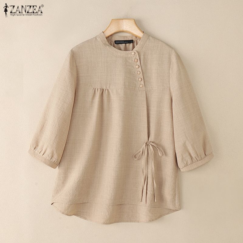 ZANZEA Women Summer Casual Round Neck Half Sleeve Side Lace-up Irregular Blouse