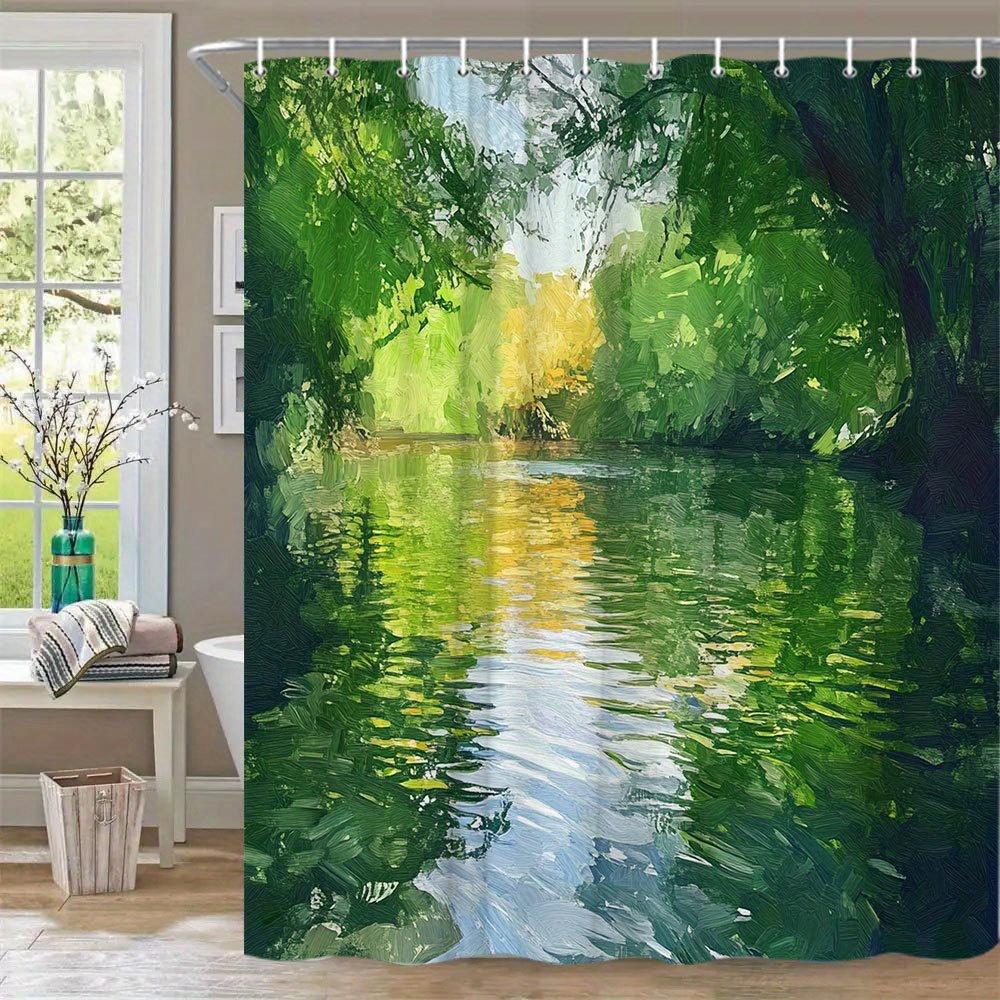 1 Stück sonnenbeschienener Fluss-Badevorhang - Impressionistisches Landschaftsdesign mit spiegelglattem Wasser & üppigem Blätterdach, gesprenkelter Lichteffekt,