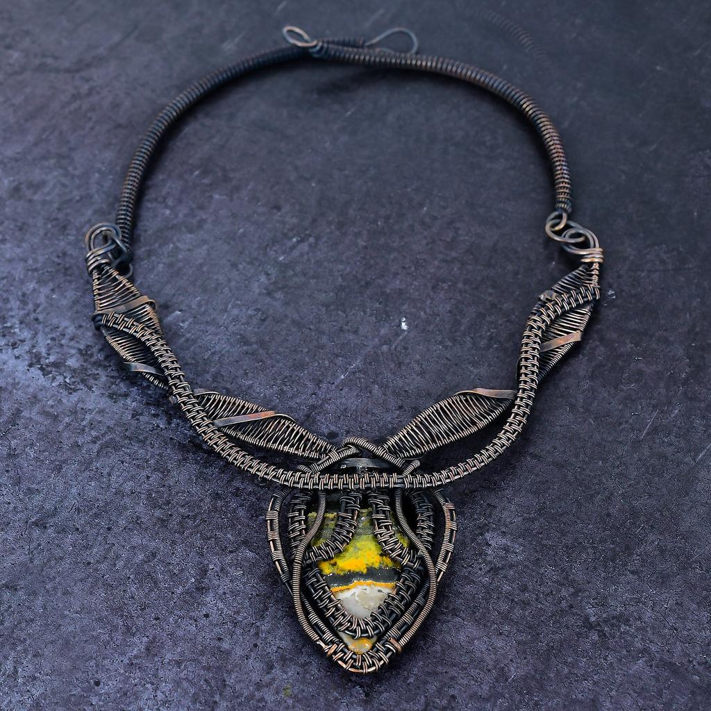 Bumble Bee Jasper Gemstone Copper Wire Wrap Jewelry Necklace 18"