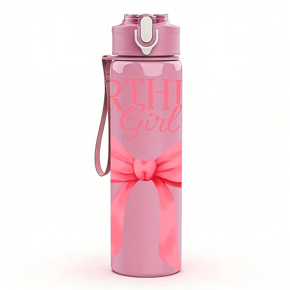 1PC Birthday Girl Pink Bow Ribbon Print 750ml Color Plastic Sports Water Bottle Leakproof Flip Straw Lid Suitable for Sports Office Home Use