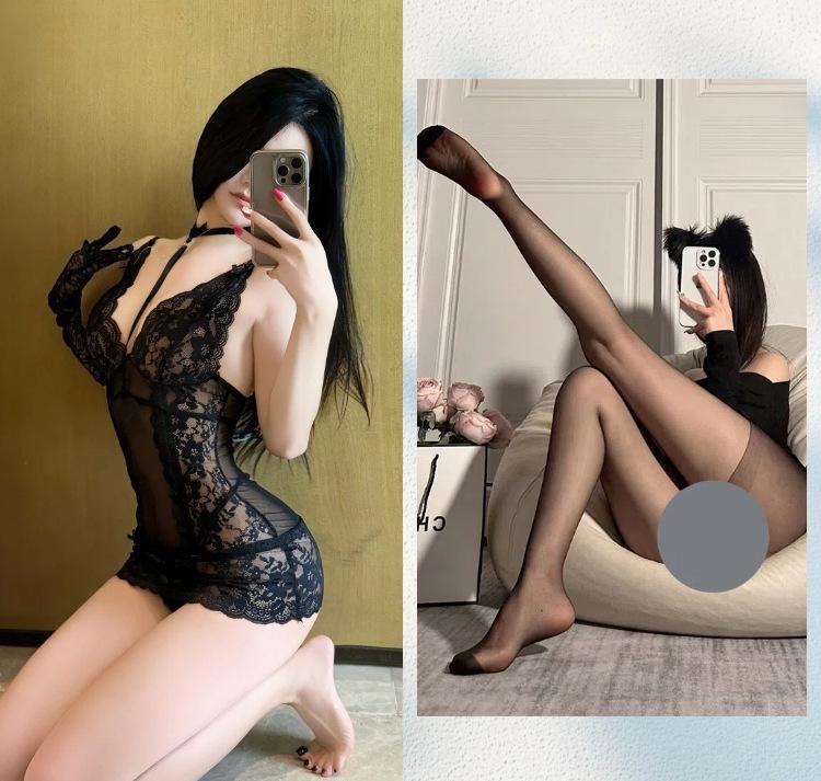 New High-end Objects Deep V Dew Ditch Lace Perspective Temptation Provocative Hip-wrapped Nightdress Sexy