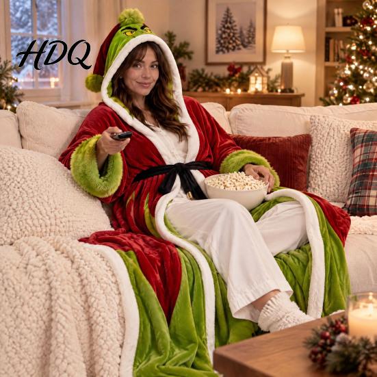 Christmas Theme Printed Wrap Hooded Heated Poncho Blanket Flannel Wearable USB Heating Cape Gift for Her on with Festive Print Cozy Winter