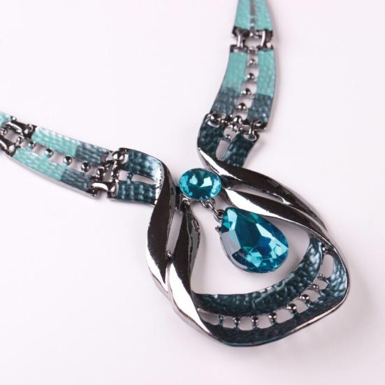 Women Fashion Water-drop Faux Sapphire Dangle Ear Studs Necklace Jewelry Set