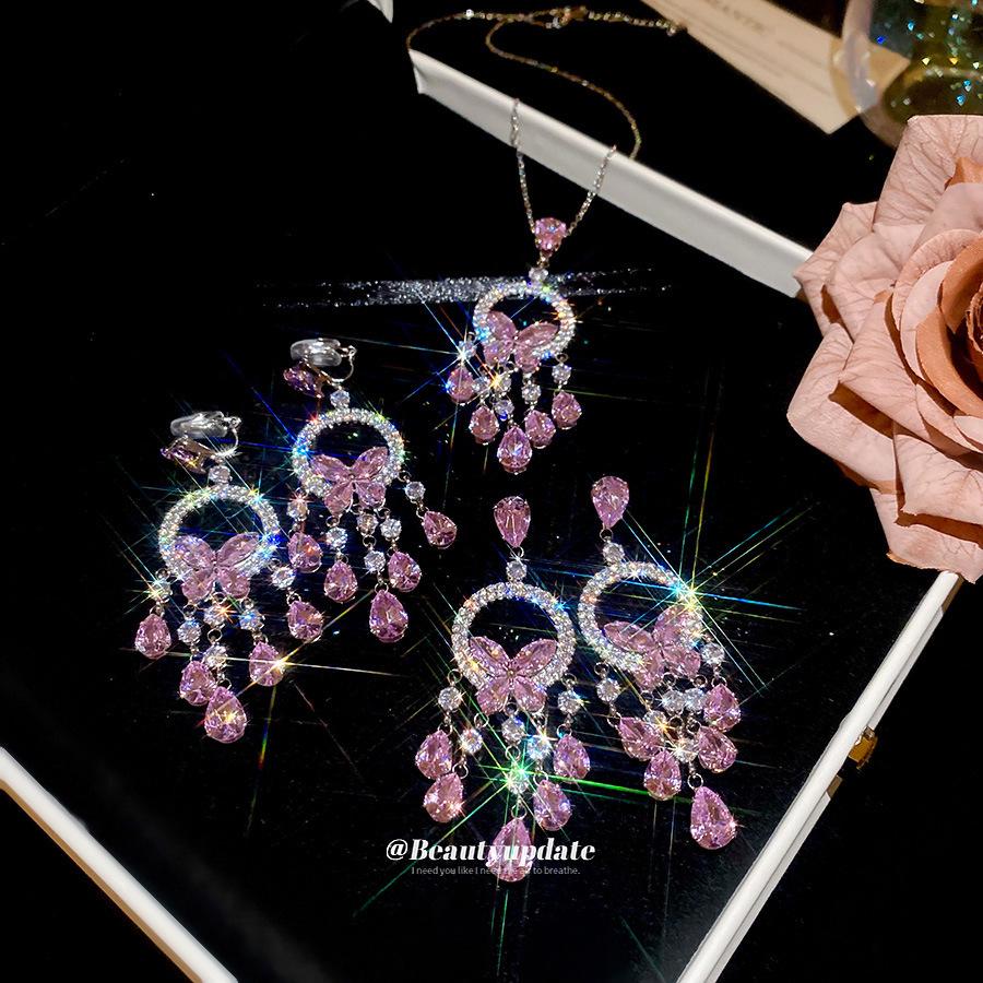 Zircon Butterfly Tassel Necklace and Earring Set - Elegant French Light Luxury Jewelry