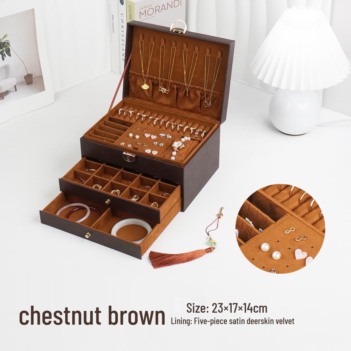 

Saltwater Cliff Pattern Light Luxury Leather Jewelry Box with Lock, Multi-layer Storage Chestnut Brown