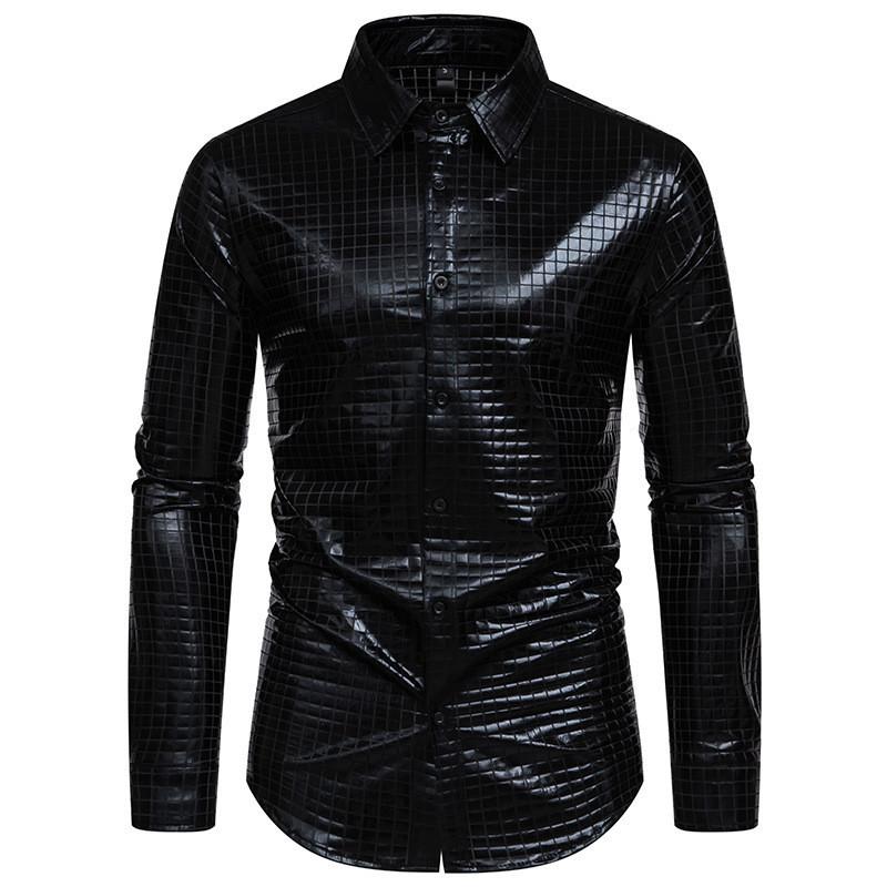 

Long Pattern Grid Sleeved Shirt Men Standing Collar Clothing Banquet Fashion S чёрный