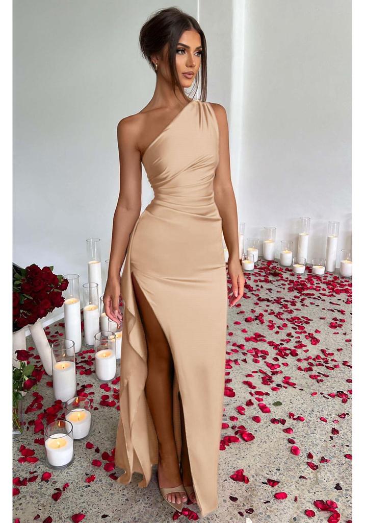 2025 One-Shoulder Ruched Slit Satin Dress: European & American Summer Slim Fit