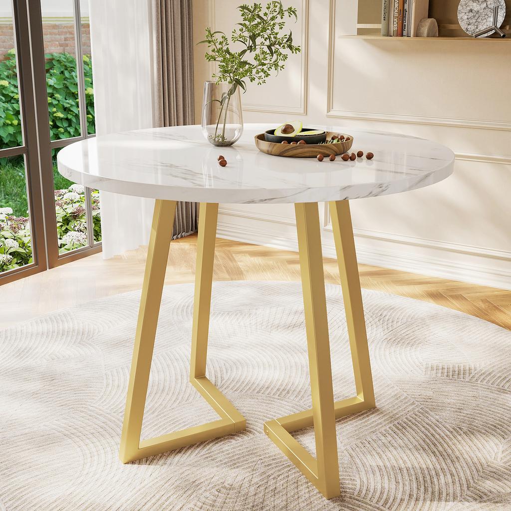 Round Dining Table (1 Piece), Unique Metal Frame, Dining Table with Modern Marble Pattern, Suitable for Dining Room, Living Room, White/Gold