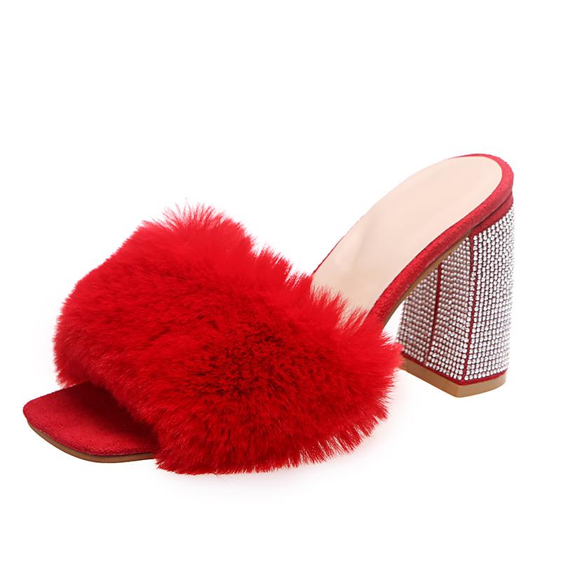 Fashion Aphixta Baby Pink Real Rabbit Fur Women Slippers 10cm Super High Heels Crystal Heel Shoes Square Toe Furry Slides Plus Size 43
