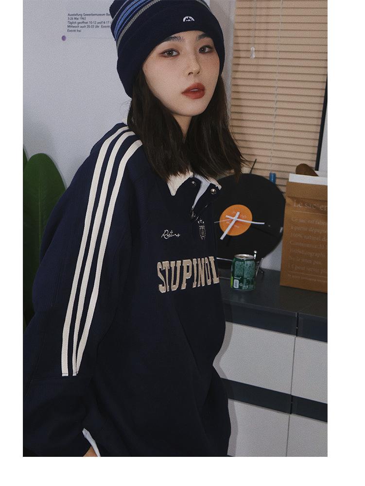 Wyszywane Retro Preppy Litera Polo z Długim Rękawem - Modny Wykładany Kołnierzyk Luźny Krój z Bocznymi Paskami, Unisex, Wszechstronny Styl.