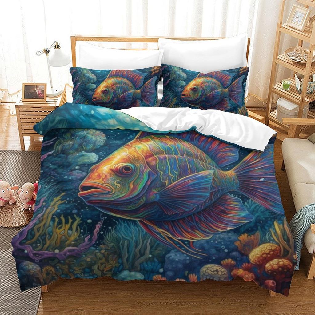 Colorful Fish 3D Digital Printing Polyester Quilt Cover Two Or Three Pieces Can Be