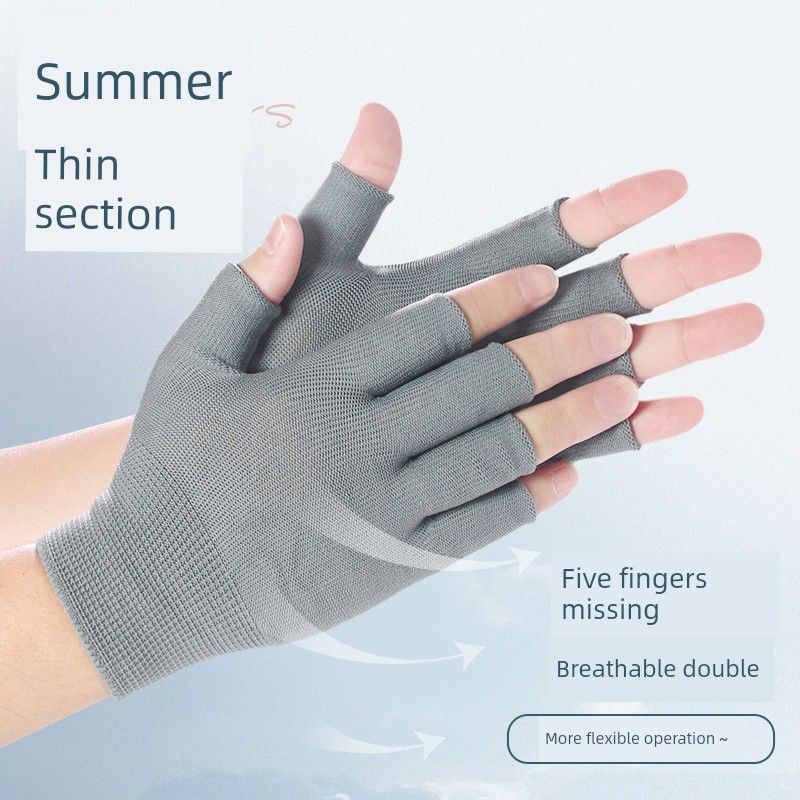 

Summer Thin Half-Cut Exposed Five-Finger Gloves Take-out Express Sorting Cycling Non Slip Men s and Women s Labor Insurance Work Abrasion Resistant 10 pairs-gray breathable light [Dew five All yards