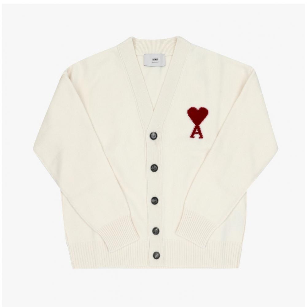 Ami Big Heart Logo Intarsia V Neck Cardigan Model Ukc367 018 154