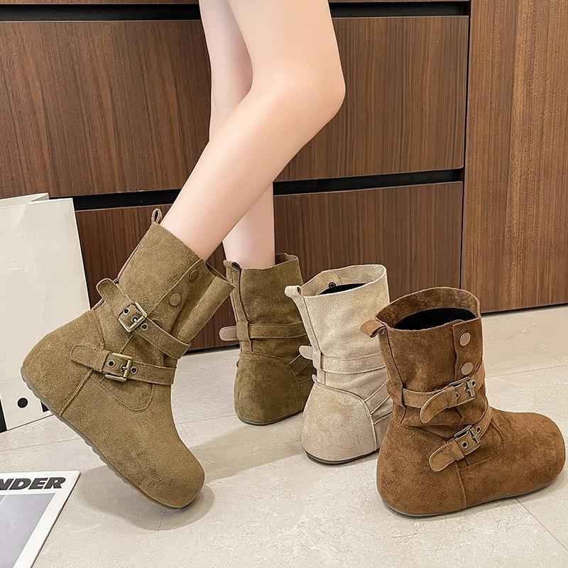 Wear Versatile New Belt Buckle Martin Boots with Soft Bottom for Inner Height Increase, Short Boots for Women, Thin Suede, Retro and Casual Two.
