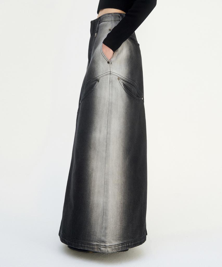 Teulimingbeodeu Curved Pocket Cut Denim Skirt [ Black ]