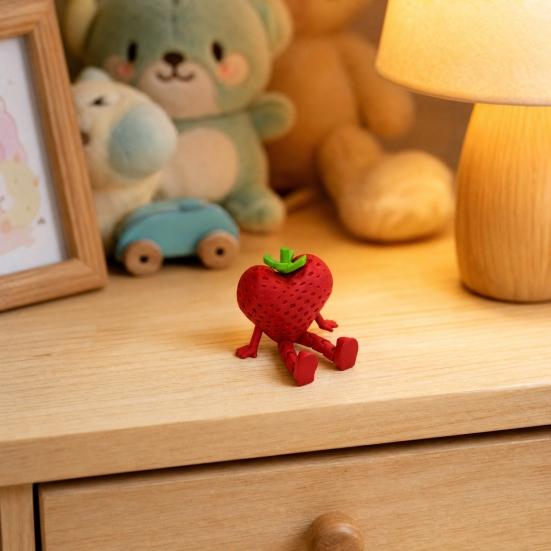 3D Printed Fruit Figure with Movable Joints, Collectible Articulated Red Strawberry Figurine for Home Office Executive Desk Decor