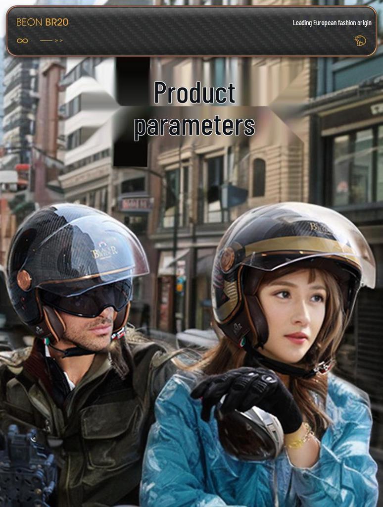 BEON Ultra-Light Carbon Fiber Retro Motorcycle Helmet with Double Visor - All-Season, Three-Quarter Design
