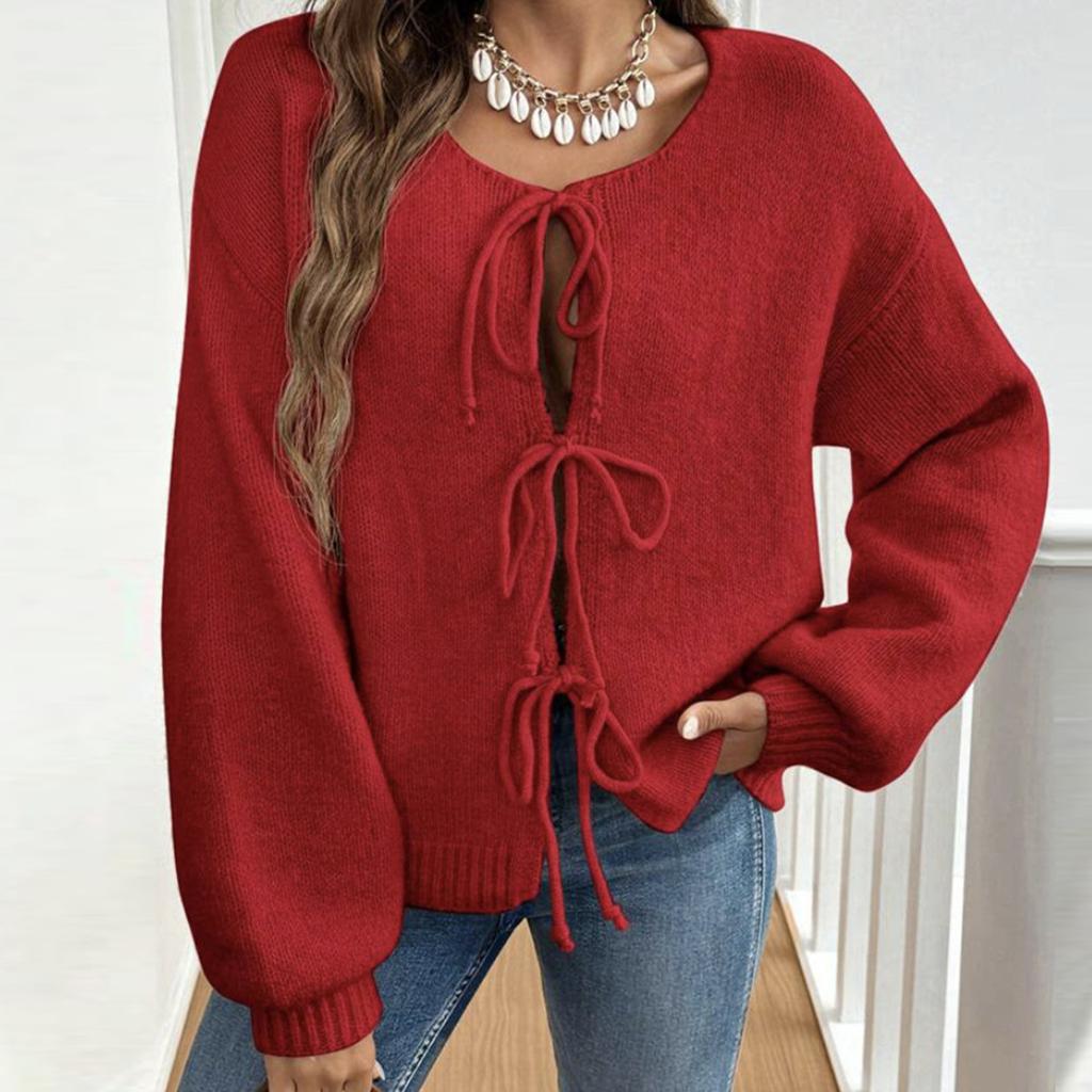 Women‘s Round Neck Long Sleeve Lace-Up Fitted Cardigan Coat