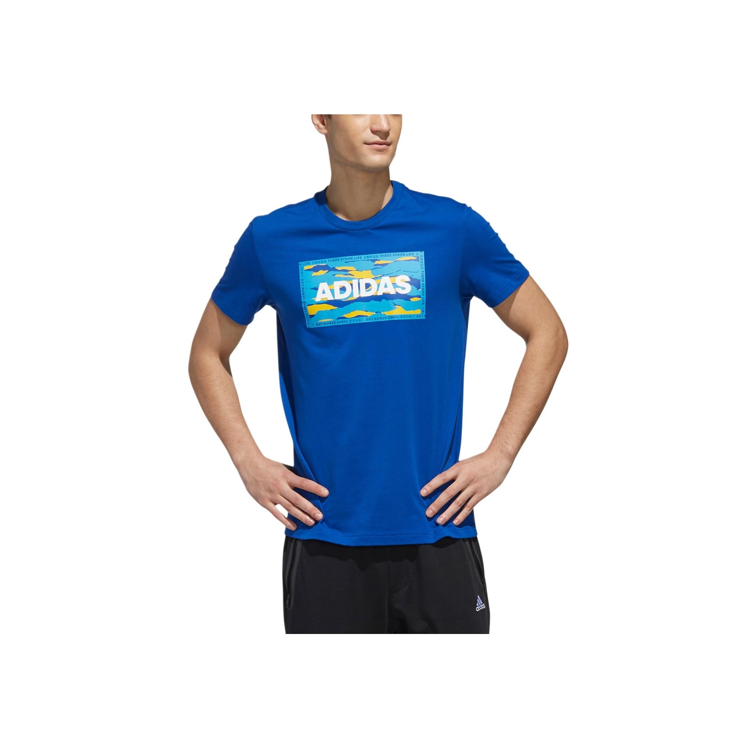 

Adidas Футболка с круглым вырезом и принтом букв, повседневная, простая, с коротким рукавом, мужская, цвет синий, FJ6866 L