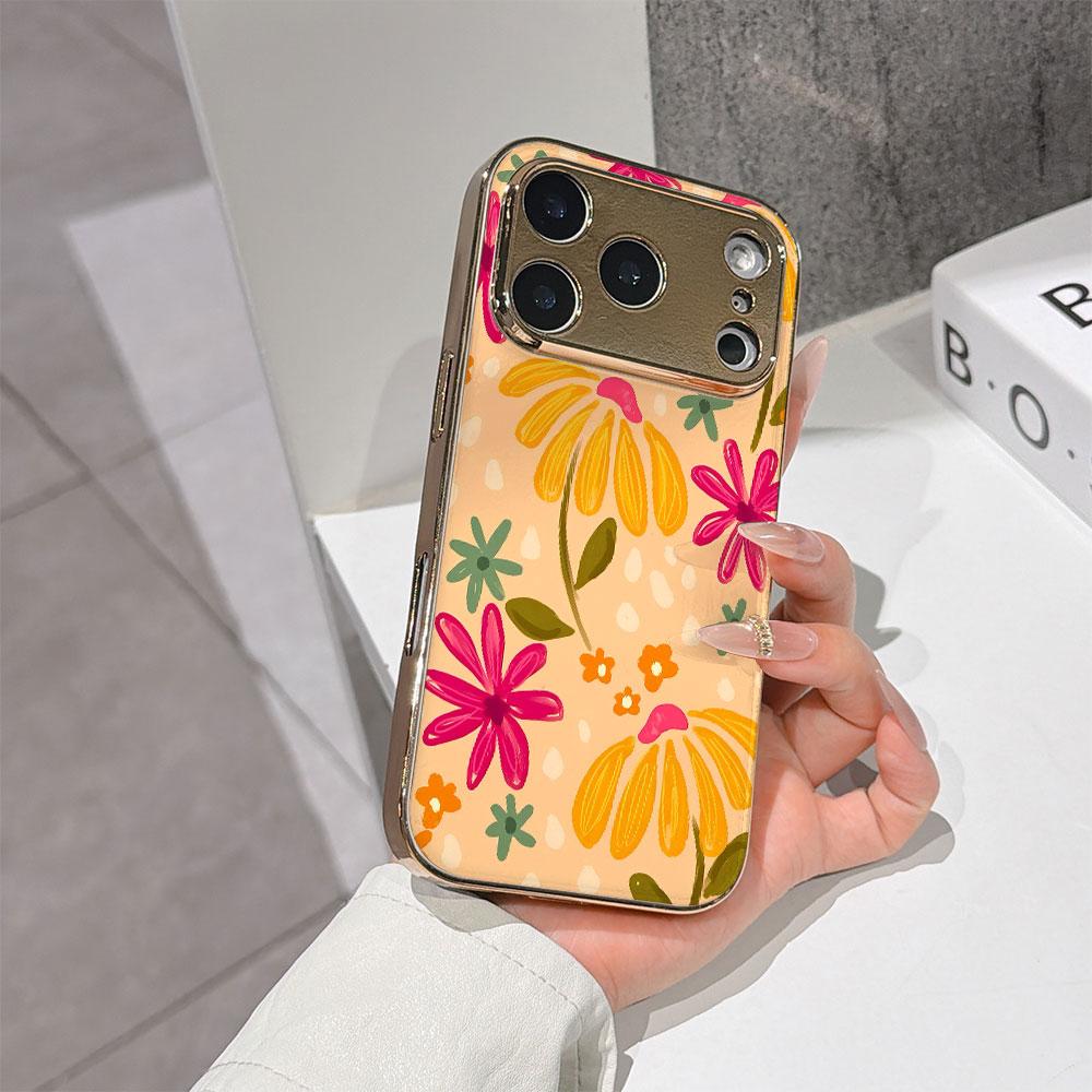 Lucky Start Phone Case For iPhone 17 16 15 14 13 12 11 Pro Max 16E Gold Electroplated glass shell Bright Flowers Cover